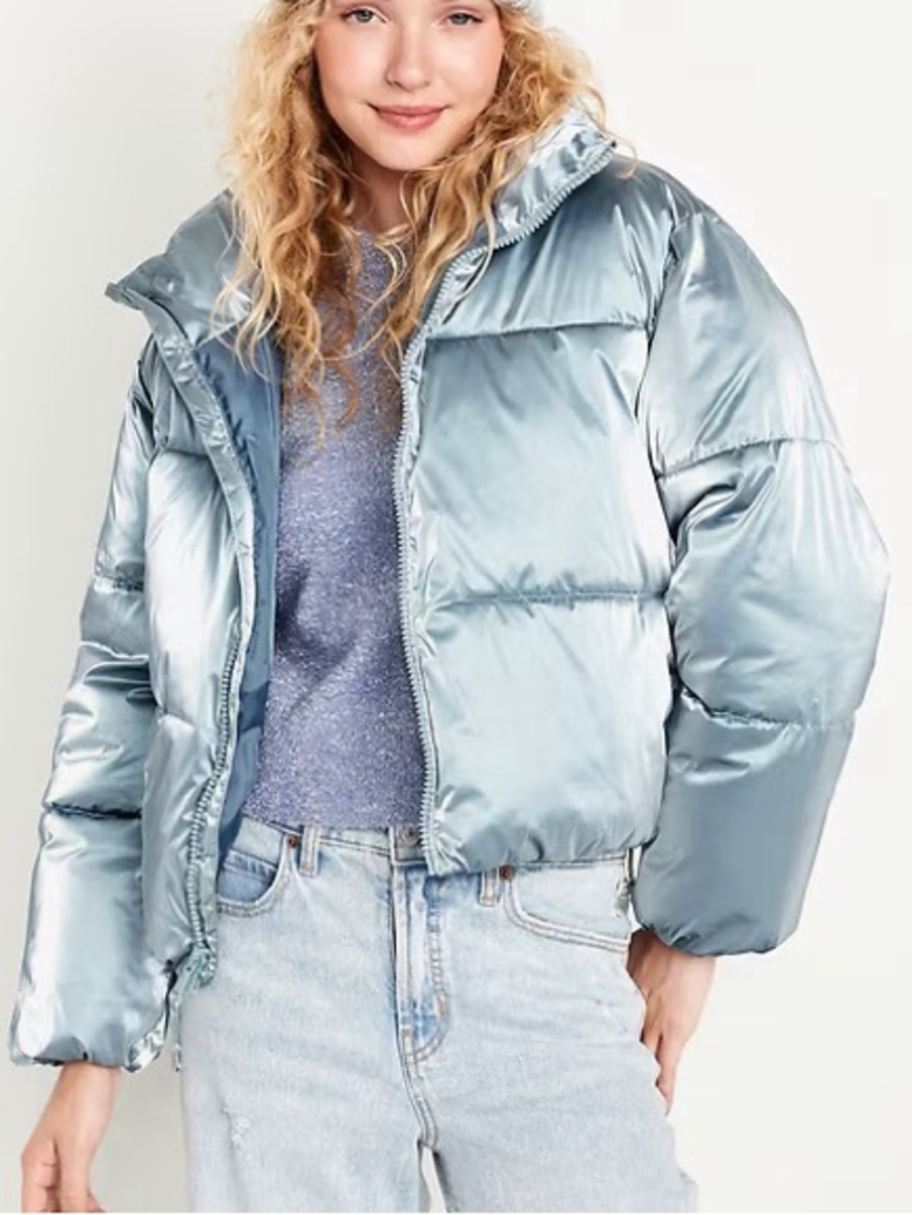 NWT Old Navy Ice Blue Metallic Cropped Puffer Coat - Size 2X Plus
